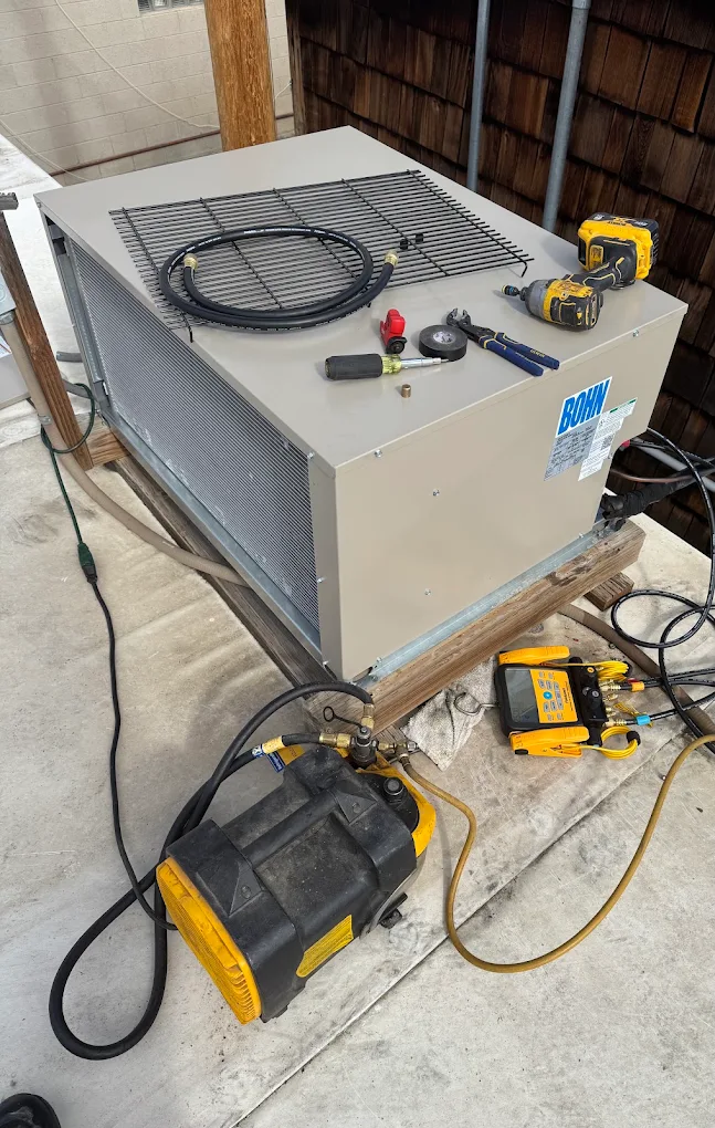 Bohn refrigeration condensing unit set up for evacuation and charging